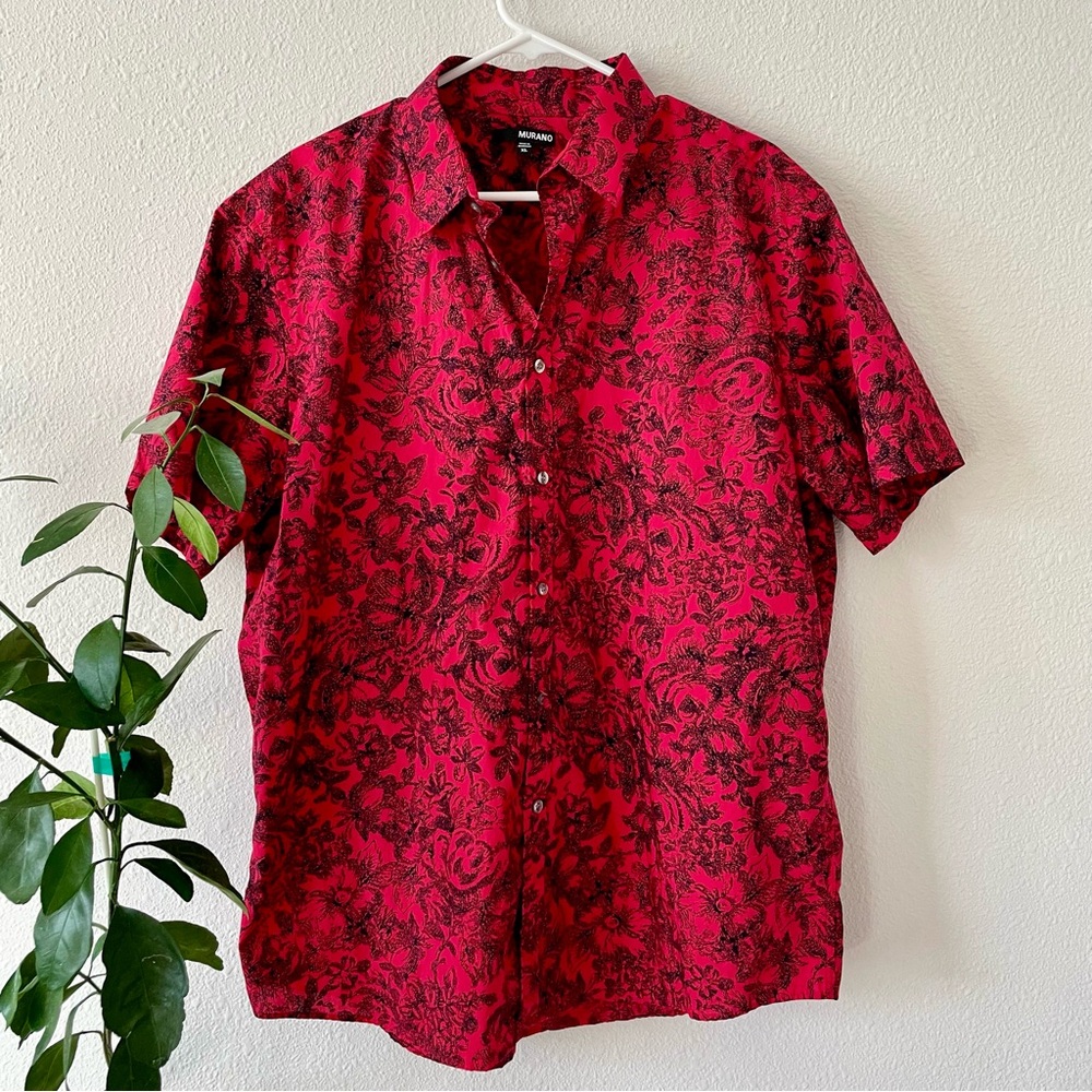 red and black floral murano short sleeve button down